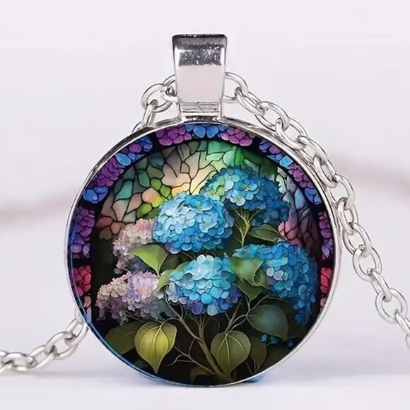 Silver Colorful HYDRANGEA Flowers Glass Cabochon Pendant Necklace - Picture 1 of 4